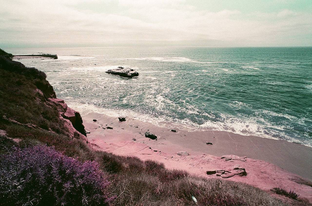 La Jolla Cove 堪称圣地亚哥最迷人的海滩之一。这里不仅是浮潜与冲浪的绝佳去处，更是近距离观察海豹的胜地。作为南加州“出镜率”最高的海滩之一，这里绝对值得你举起相机。强烈推荐搭配 LomoChrome Purple 紫调负片胶卷，利用其独特的变色效果来描绘海水的波光，定能获得一张梦幻迷离的视觉大片。(Photo by zairre )