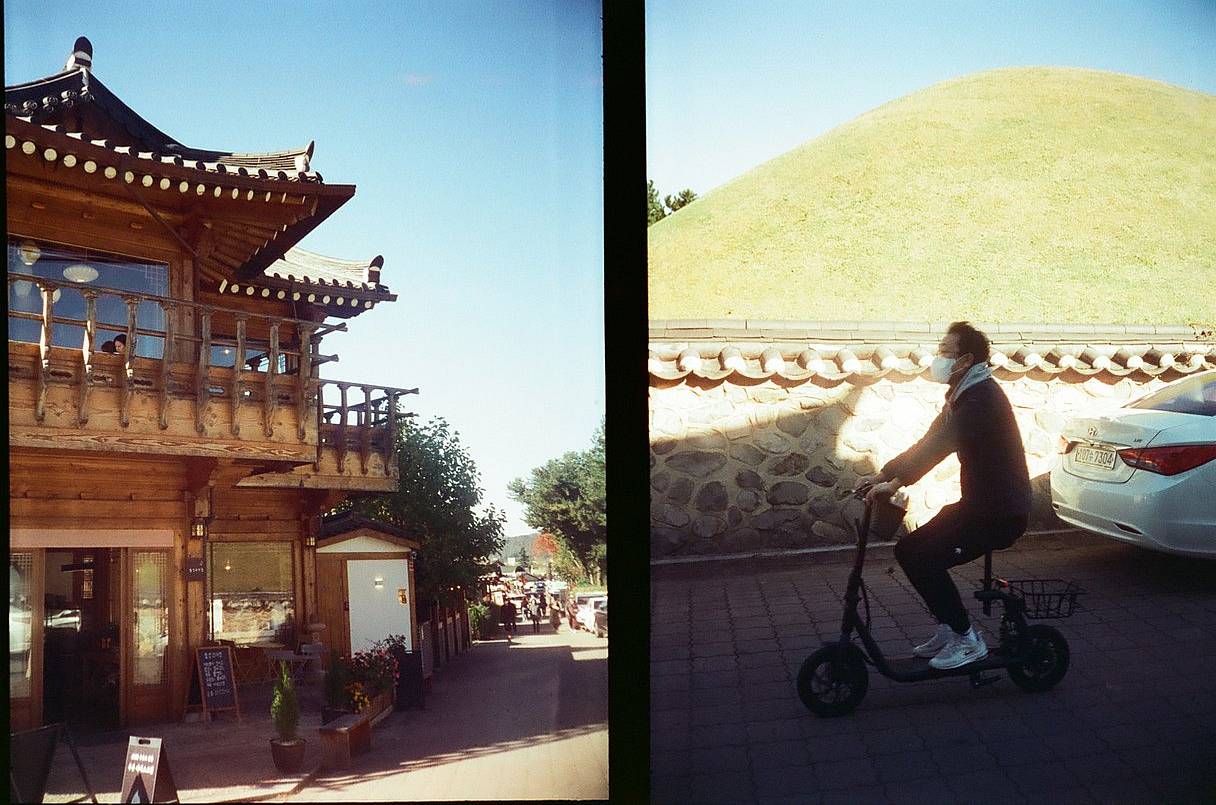 皇理团街(Hwangridan-gil) 是庆州古韵与新潮交织的地方。这条街两旁遍布韩屋咖啡馆、精选小店和独立品牌店铺——很适合街拍与随性的胶片人像。新旧交融的氛围，随手一拍都很有味道。(Photo by bbangshong )